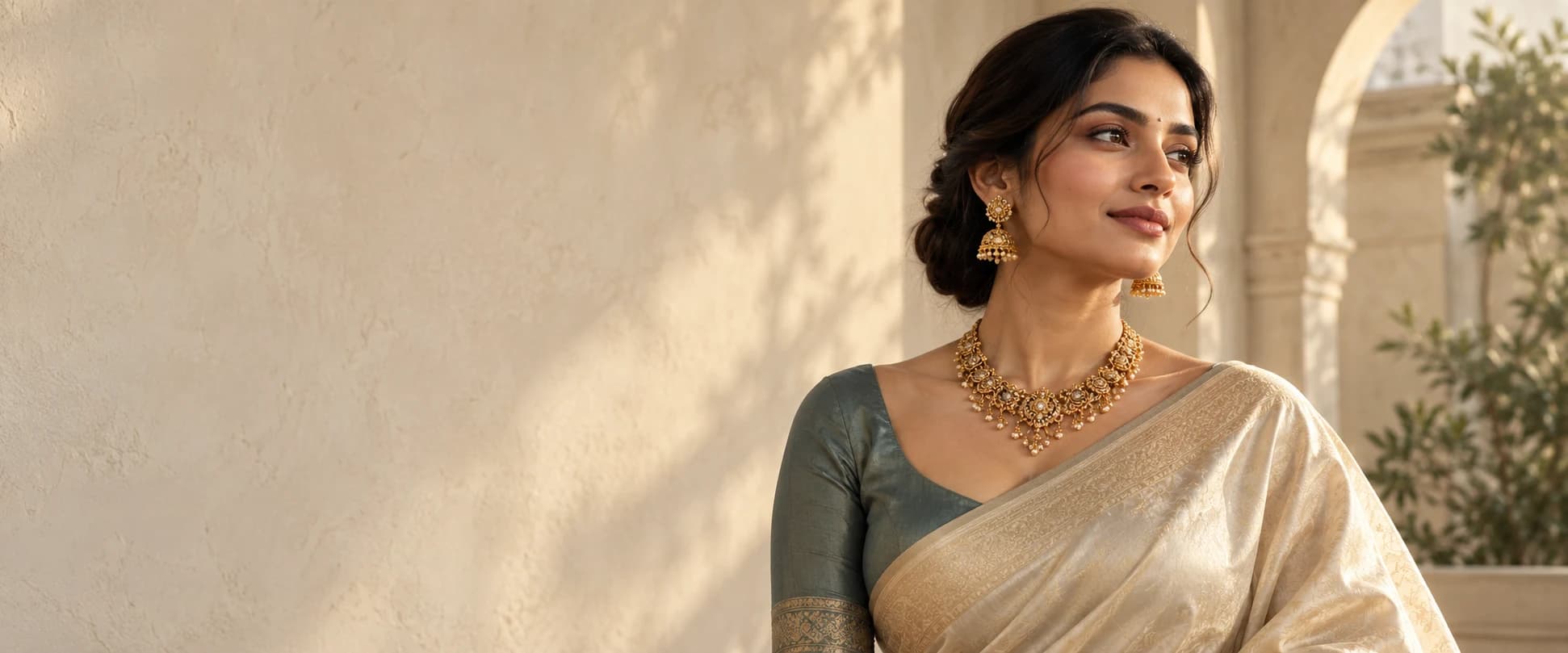 Illustrative campaign portrait of a woman in an ivory sari wearing gold jewellery